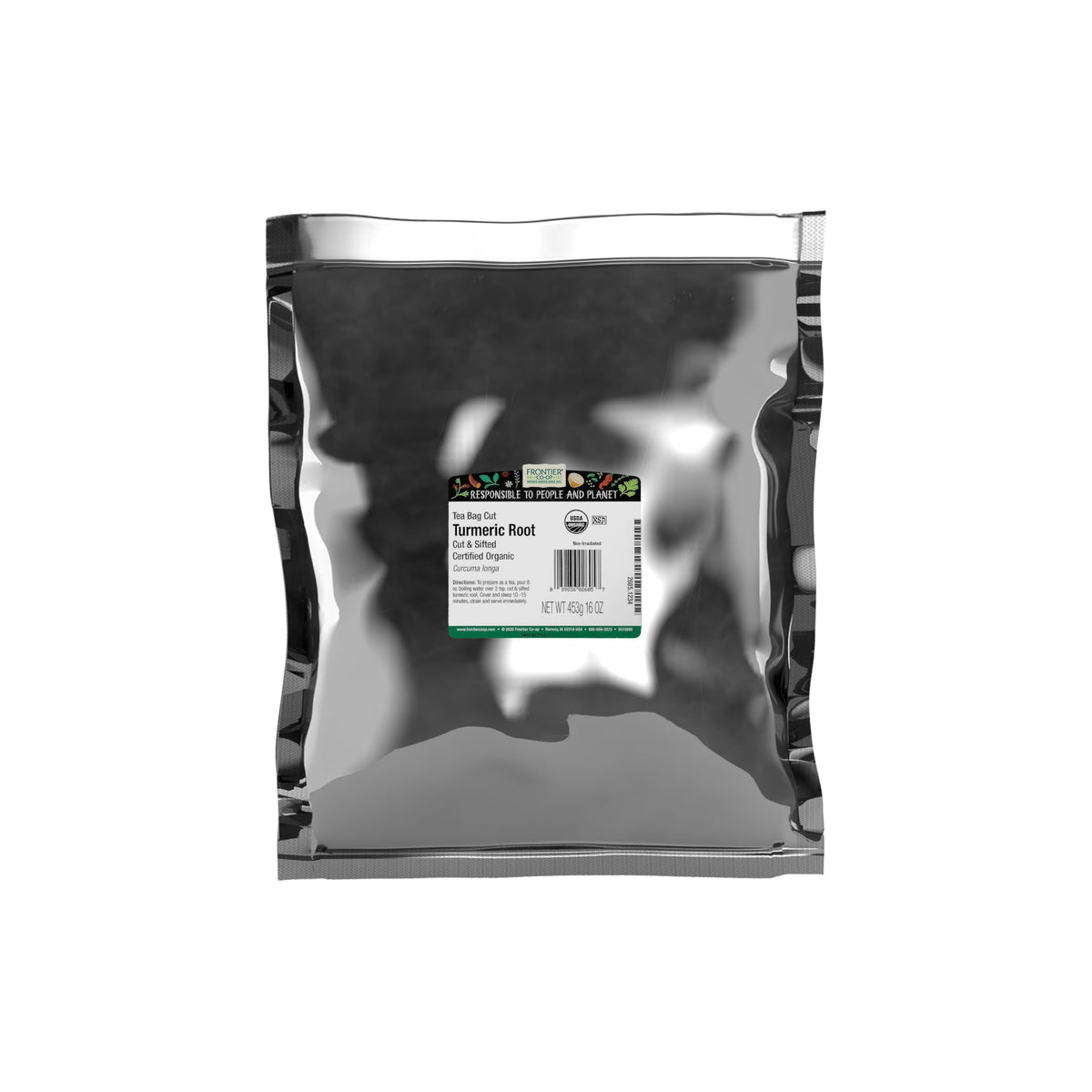 Frontier Co-op front package of 16 oz cut and sifted turmeric root showcasing label benefits