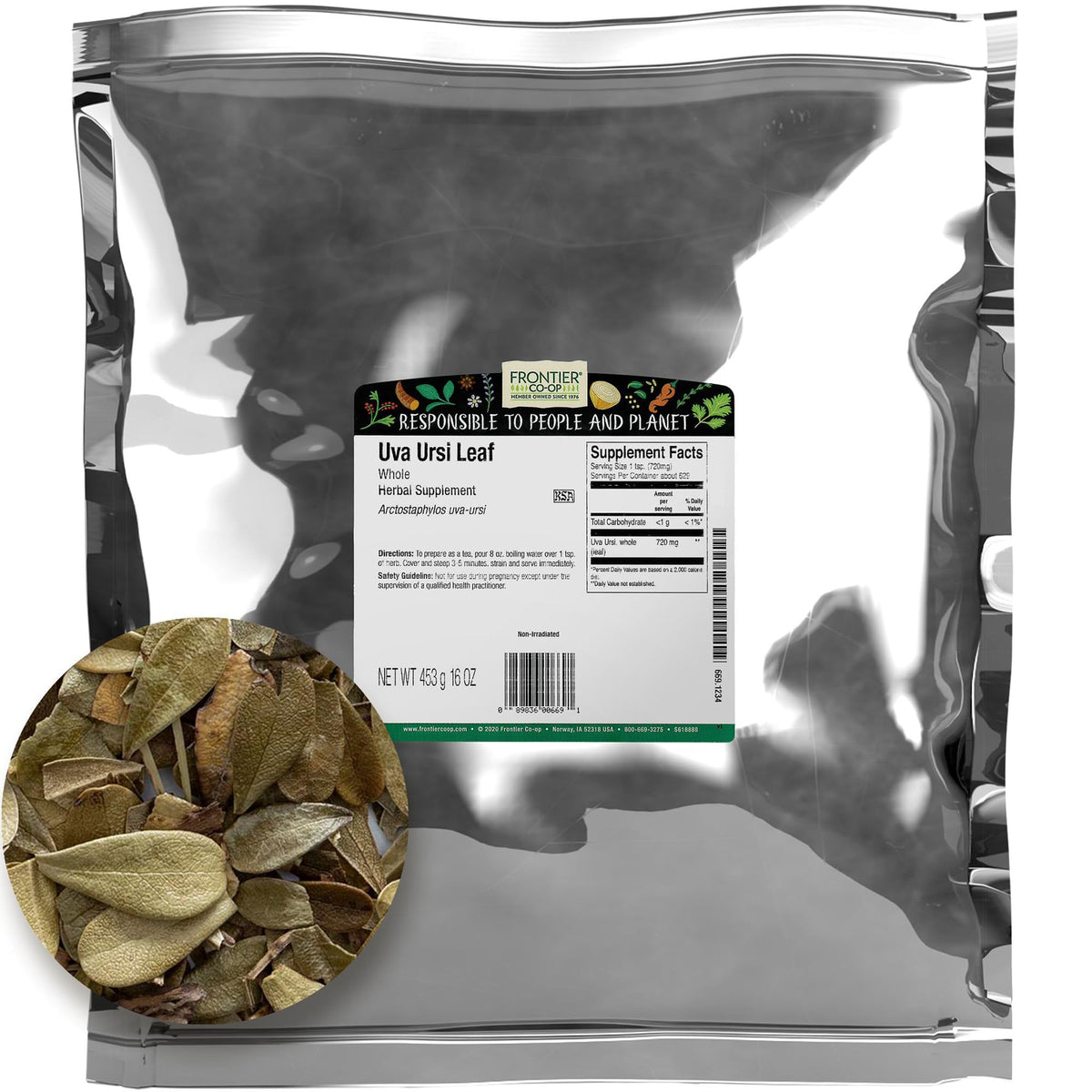 Frontier Co‑op whole uva ursi front bag showing packaging and bulk size benefit