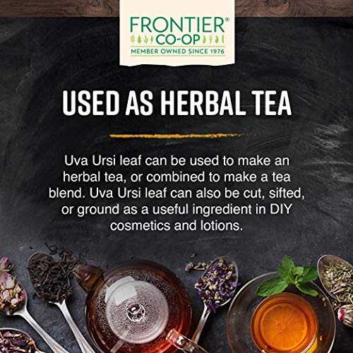 Frontier Co‑op uva ursi leaf texture macro highlighting dried leaf integrity