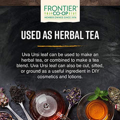 Frontier Co‑op uva ursi leaf texture macro highlighting dried leaf integrity