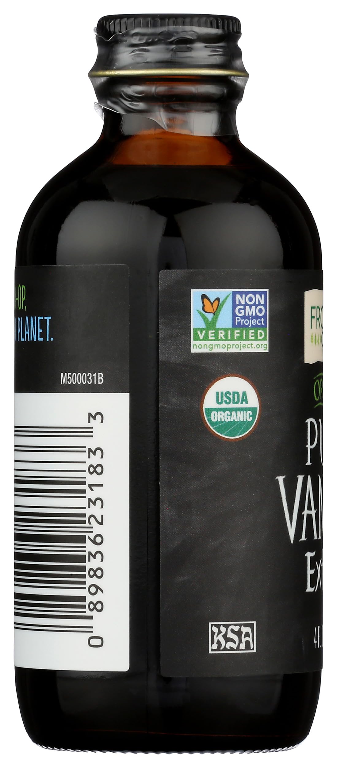 Frontier Co-op bottle with vanilla beans illustrating natural source and quality