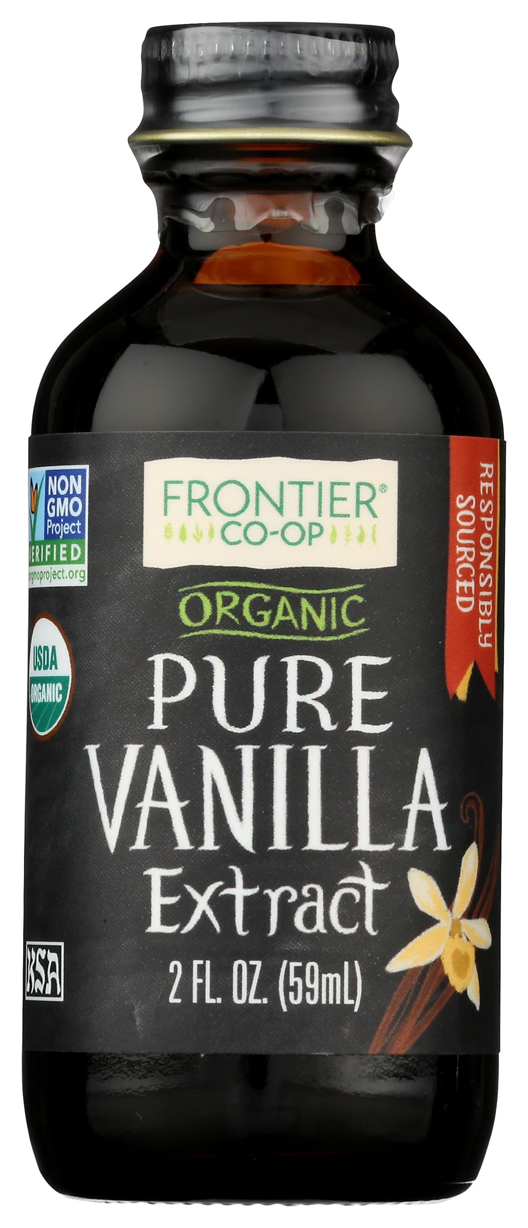 Frontier Co-op vanilla extract front bottle showing organic label and purity benefit