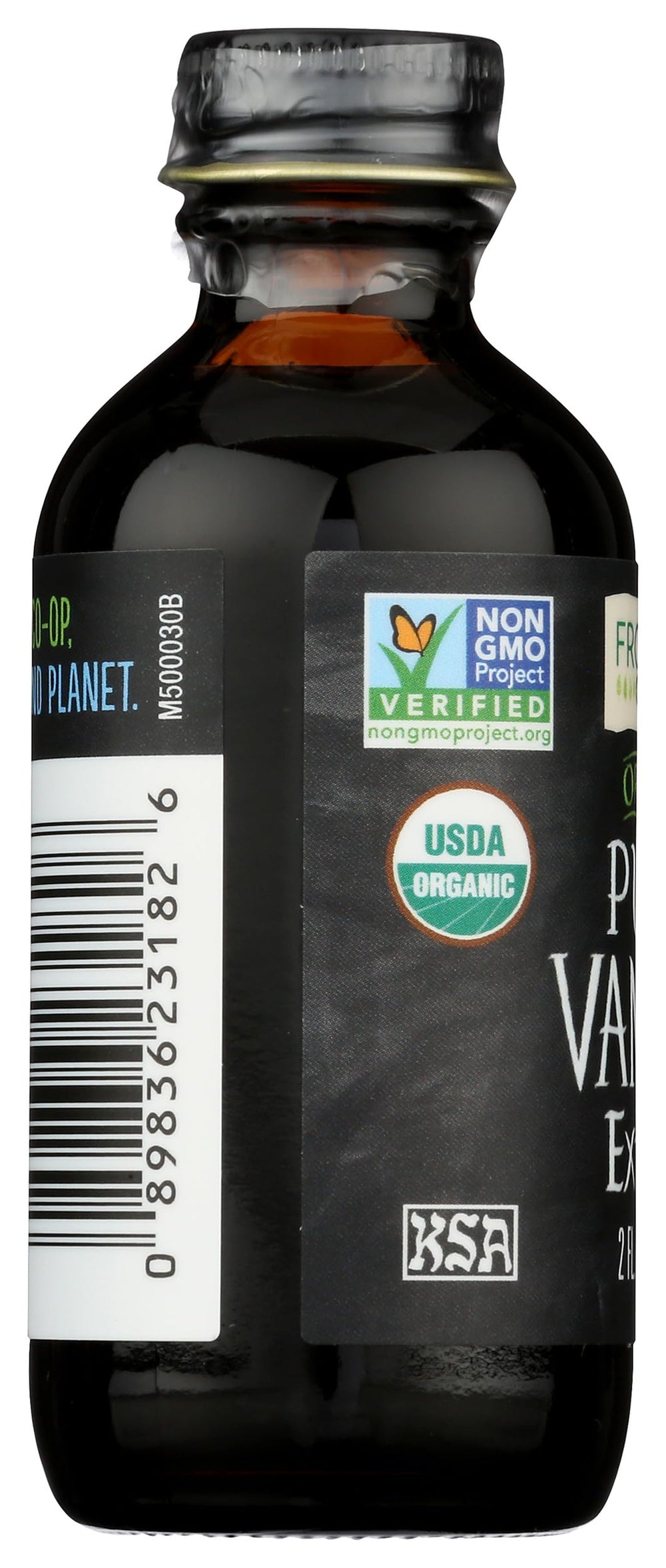 Frontier Co-op bottle next to a ruler showing compact 2 ounce size benefit