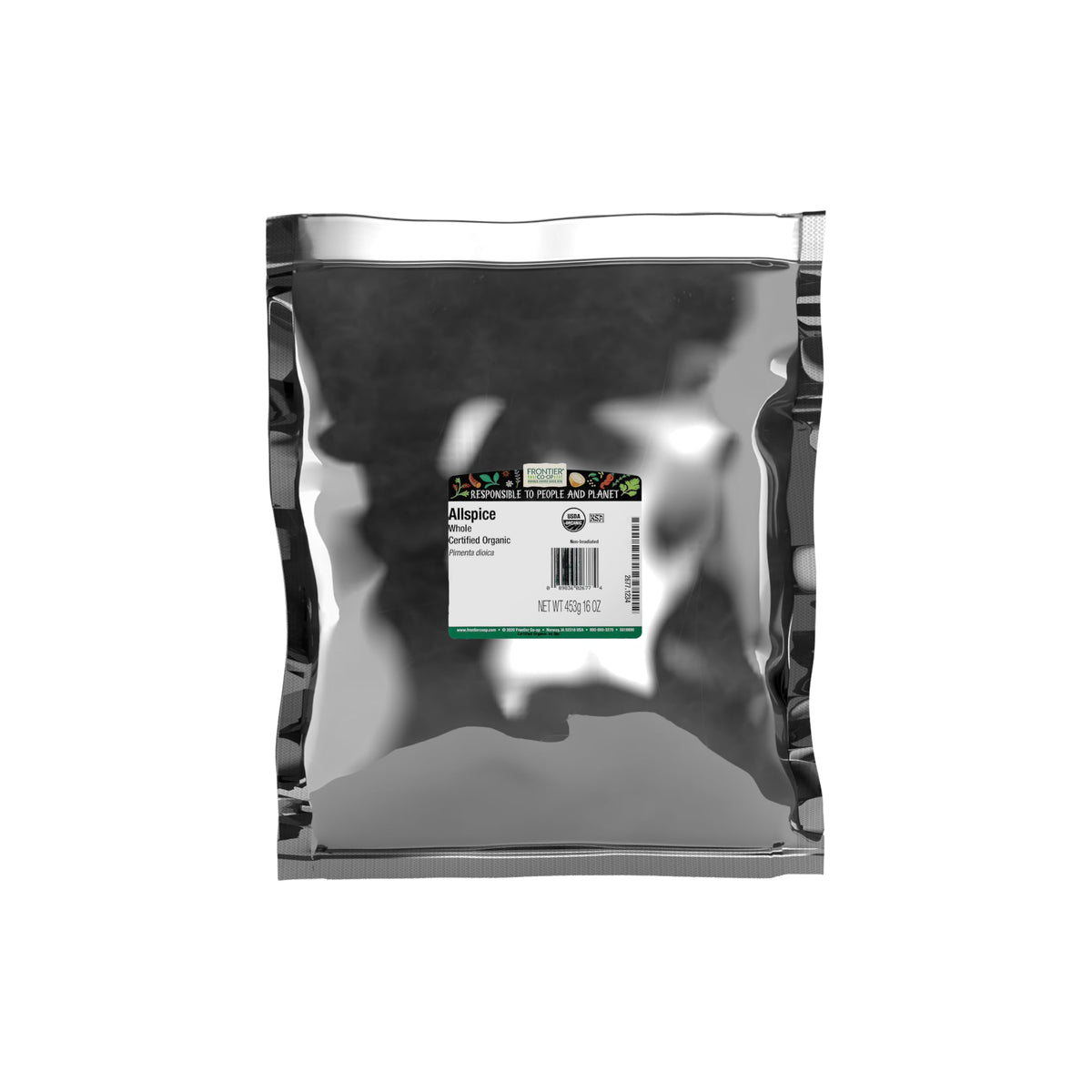 Frontier Co‑op whole allspice front pack showing 16 ounce bulk bag and certification benefits