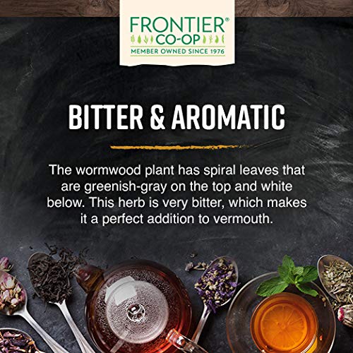 Frontier Co-op wormwood beside teaspoon and scale showing measured portions
