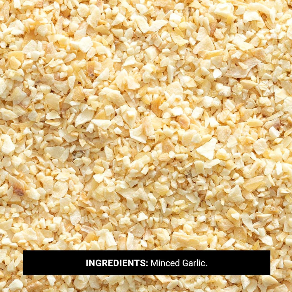 Frontier Co-op garlic flakes in ceramic bowl ready for measuring and adding to recipes
