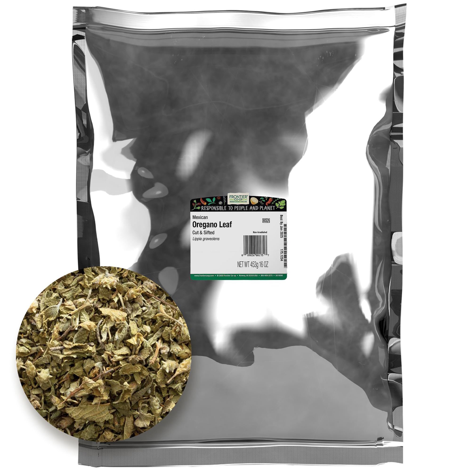 Frontier Co-op front packaging showing 1 lb bulk bag and clear label benefit