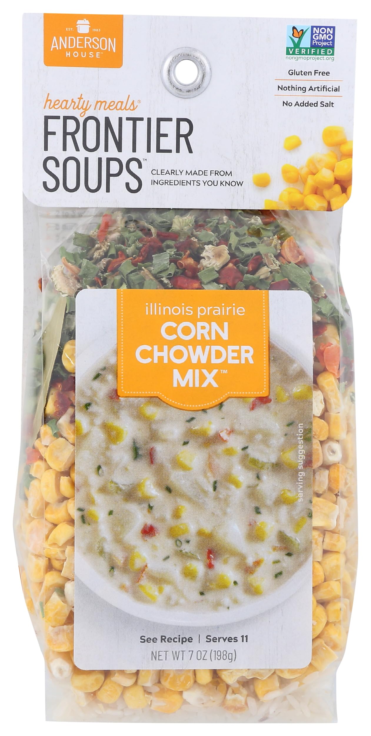 Frontier Soups front packaging showing corn chowder mix and brand