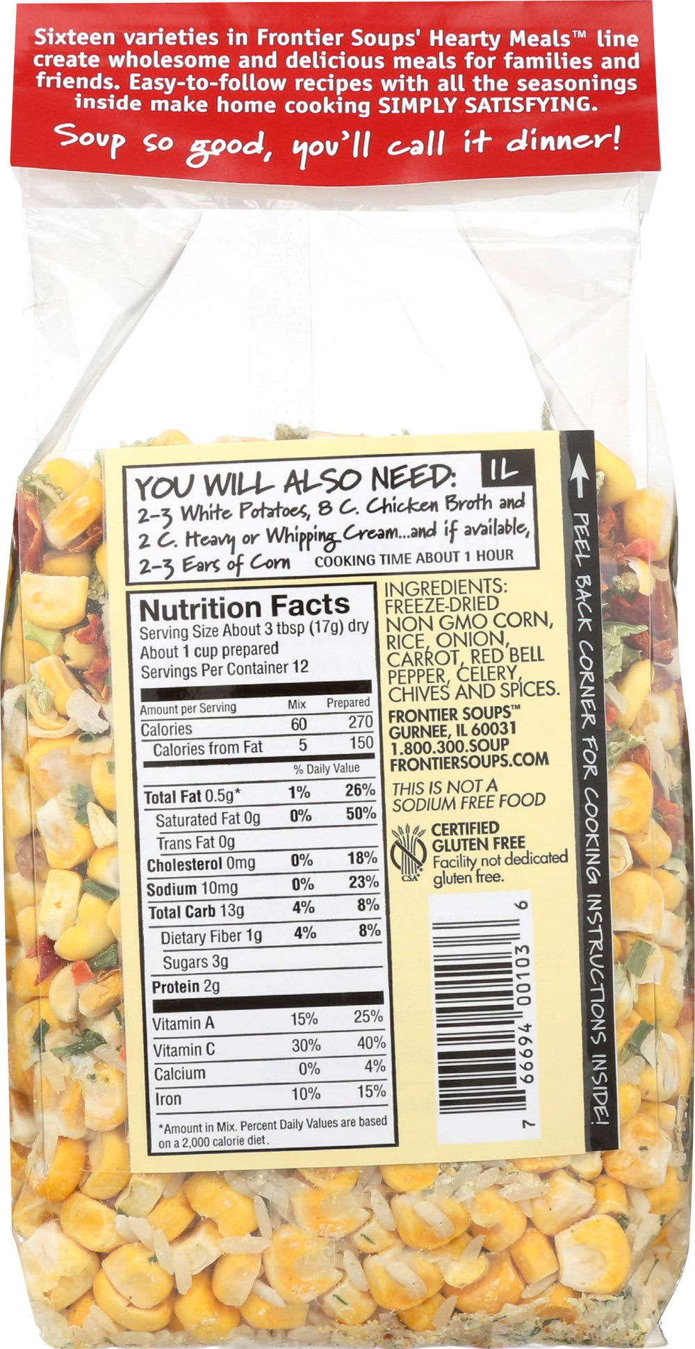 Frontier Soups mix contents close-up displaying dried corn and potatoes benefits