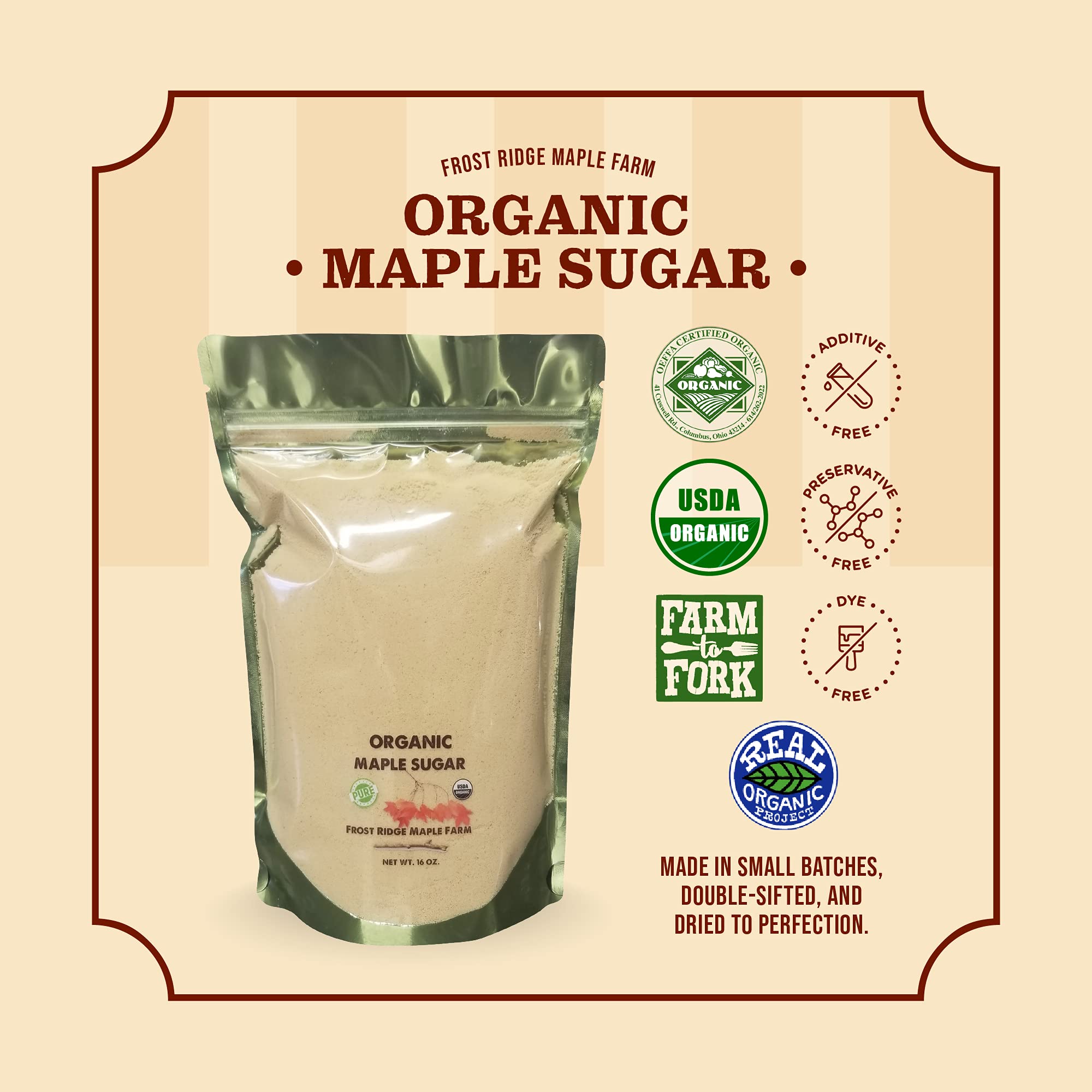 Frost Ridge label with OEFFA organic certification emphasizing farm-verified quality
