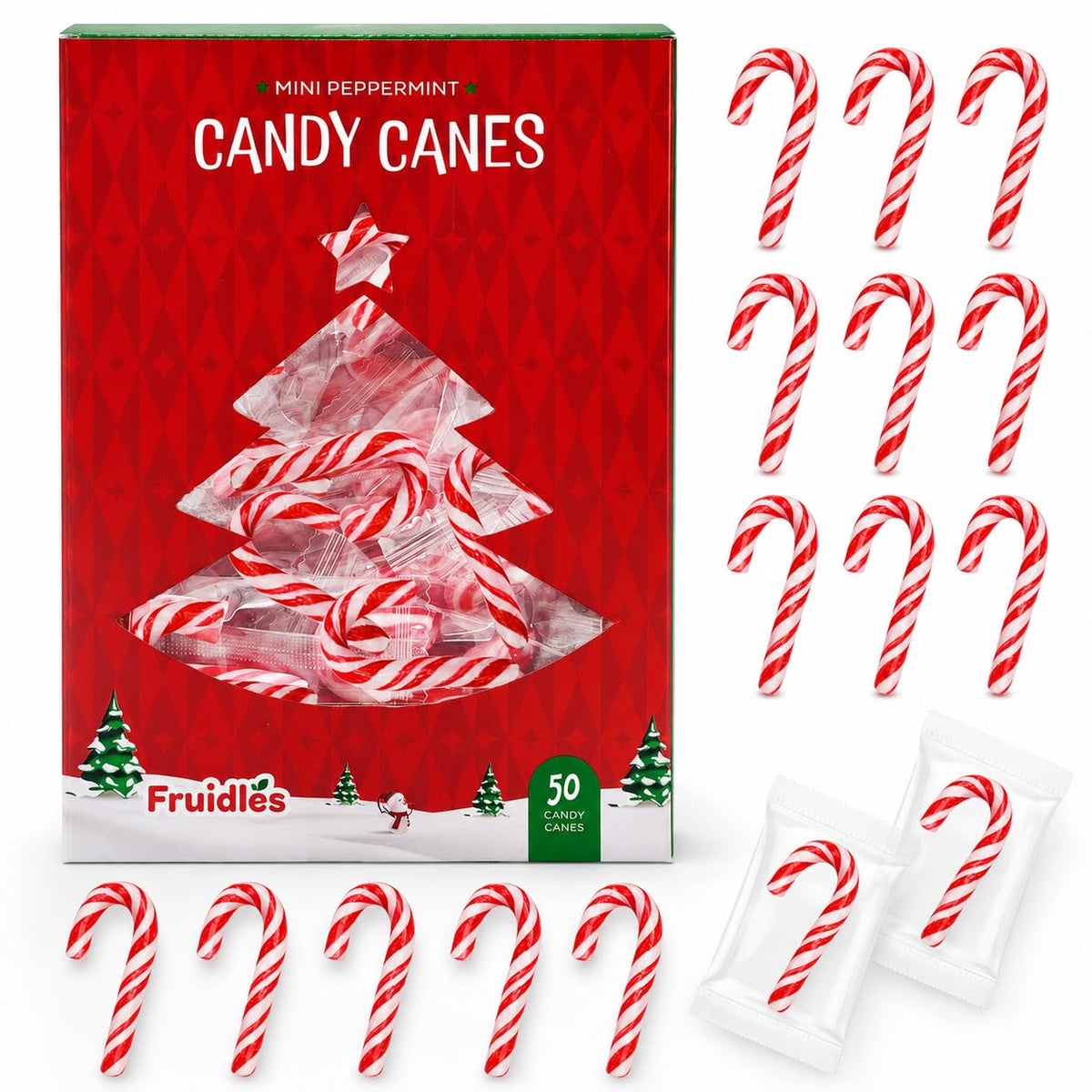 Fruidles front packaging showing 100 mini peppermint candy canes and quantity benefit