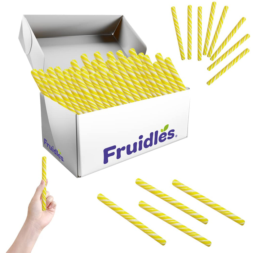 single Fruidles lemon candy cane in individual wrapper, preserves freshness