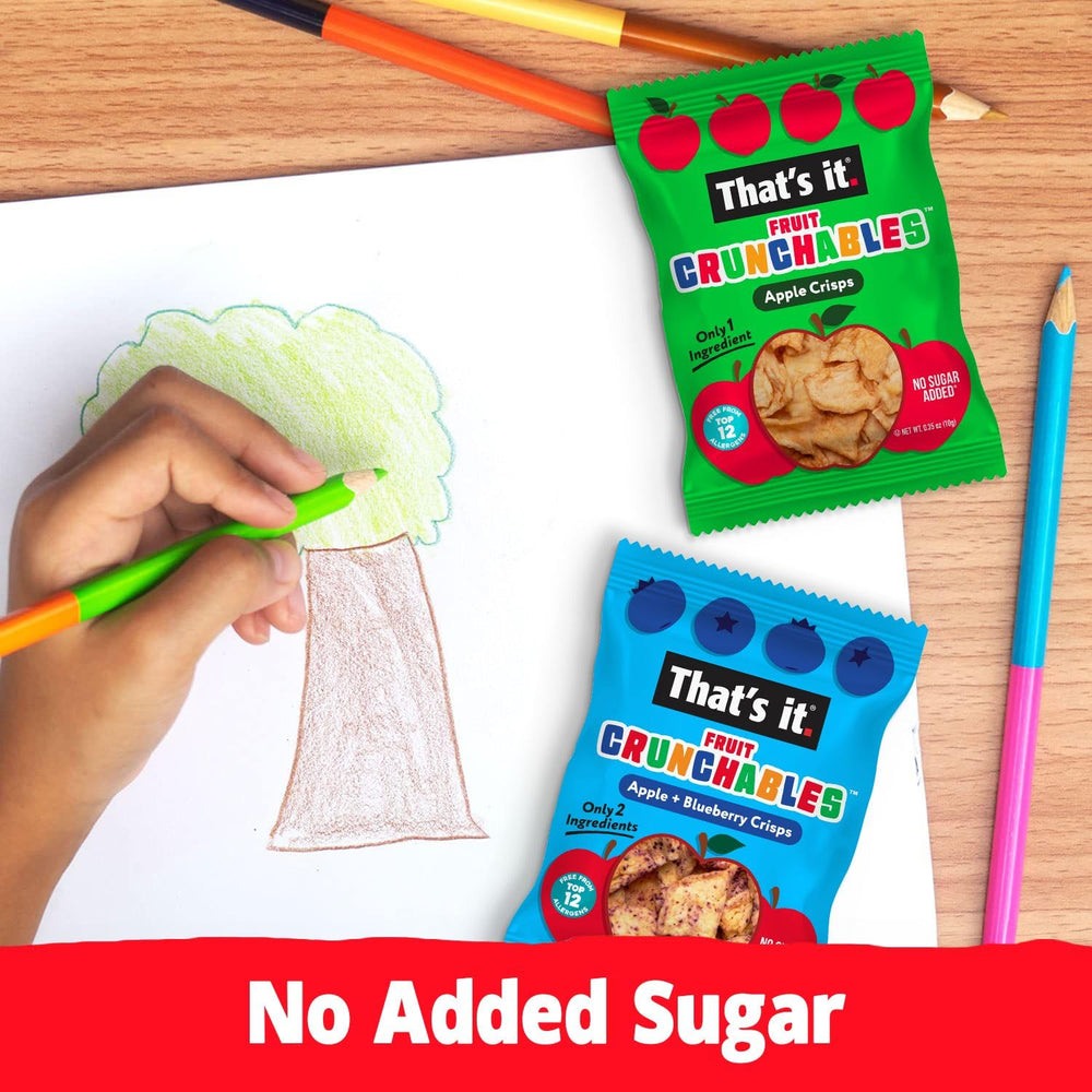 Single Fruit Crunchables pouch opened to reveal a crispy fruit round, brand ready-to-eat benefit