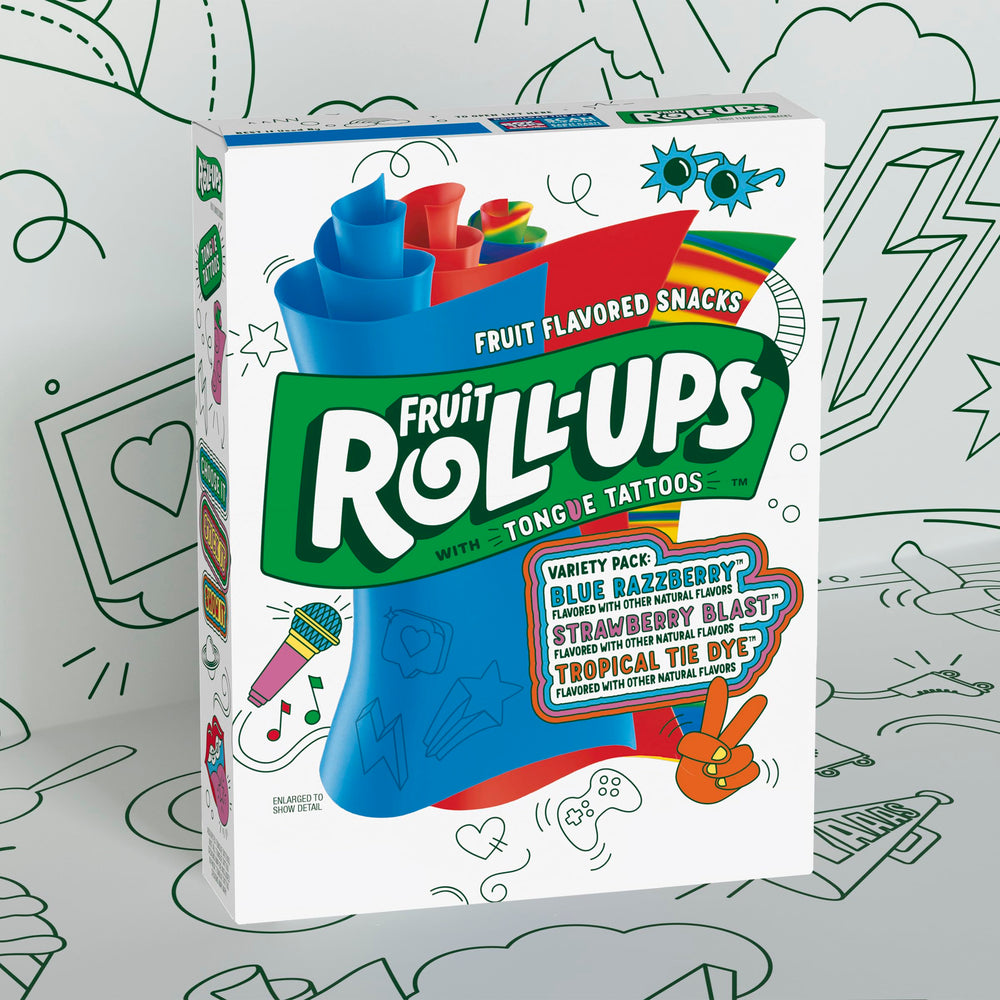 Fruit Roll-Ups tongue tattoo insert visible offering playful surprise