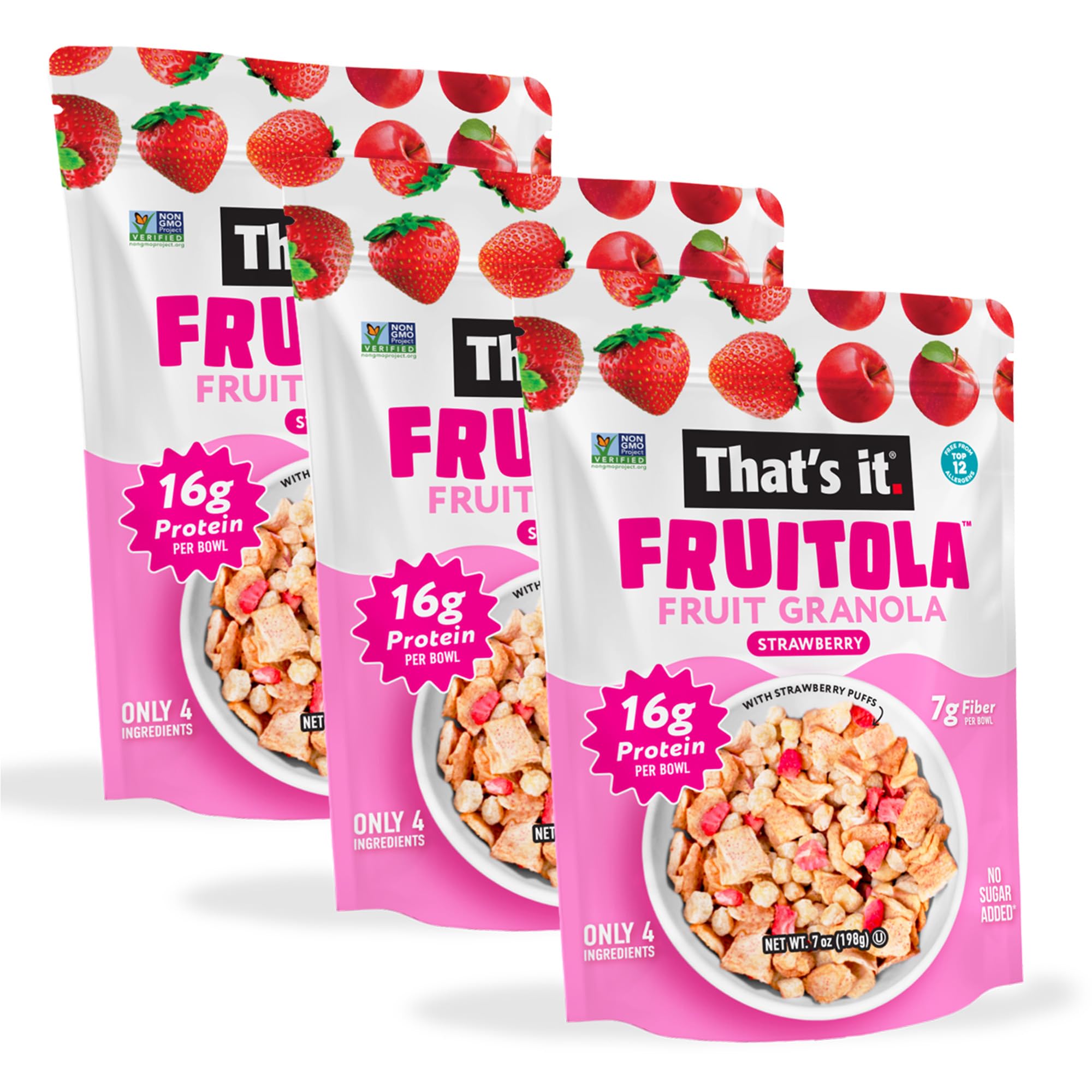 Fruitola front packaging showing strawberry granola and clean ingredients benefit