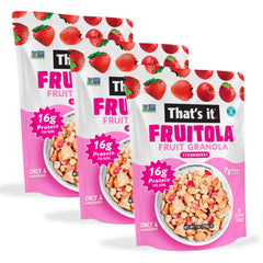 Fruitola front packaging showing strawberry granola and clean ingredients benefit