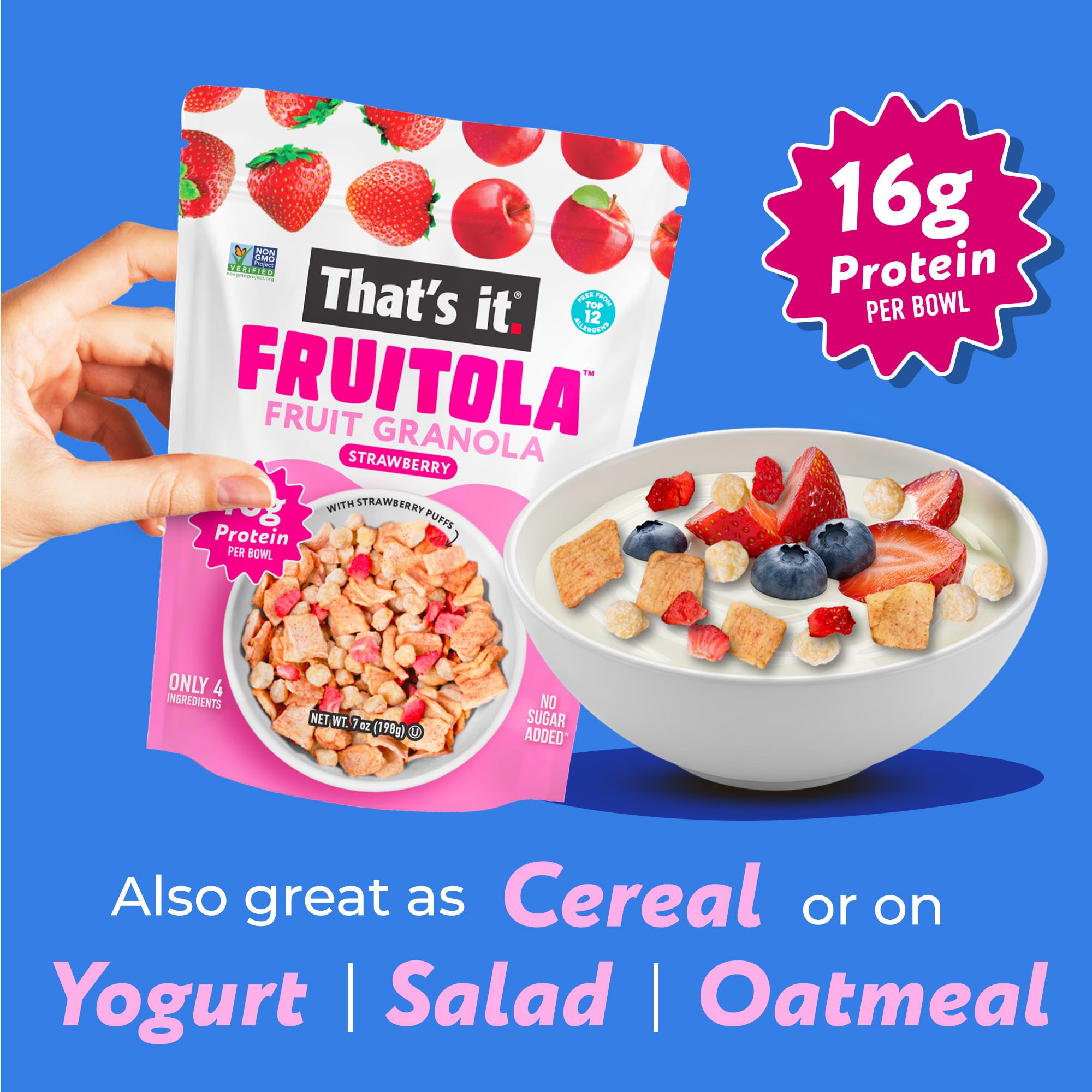 Fruitola open pouch with visible strawberry puffs showing portable snack benefit