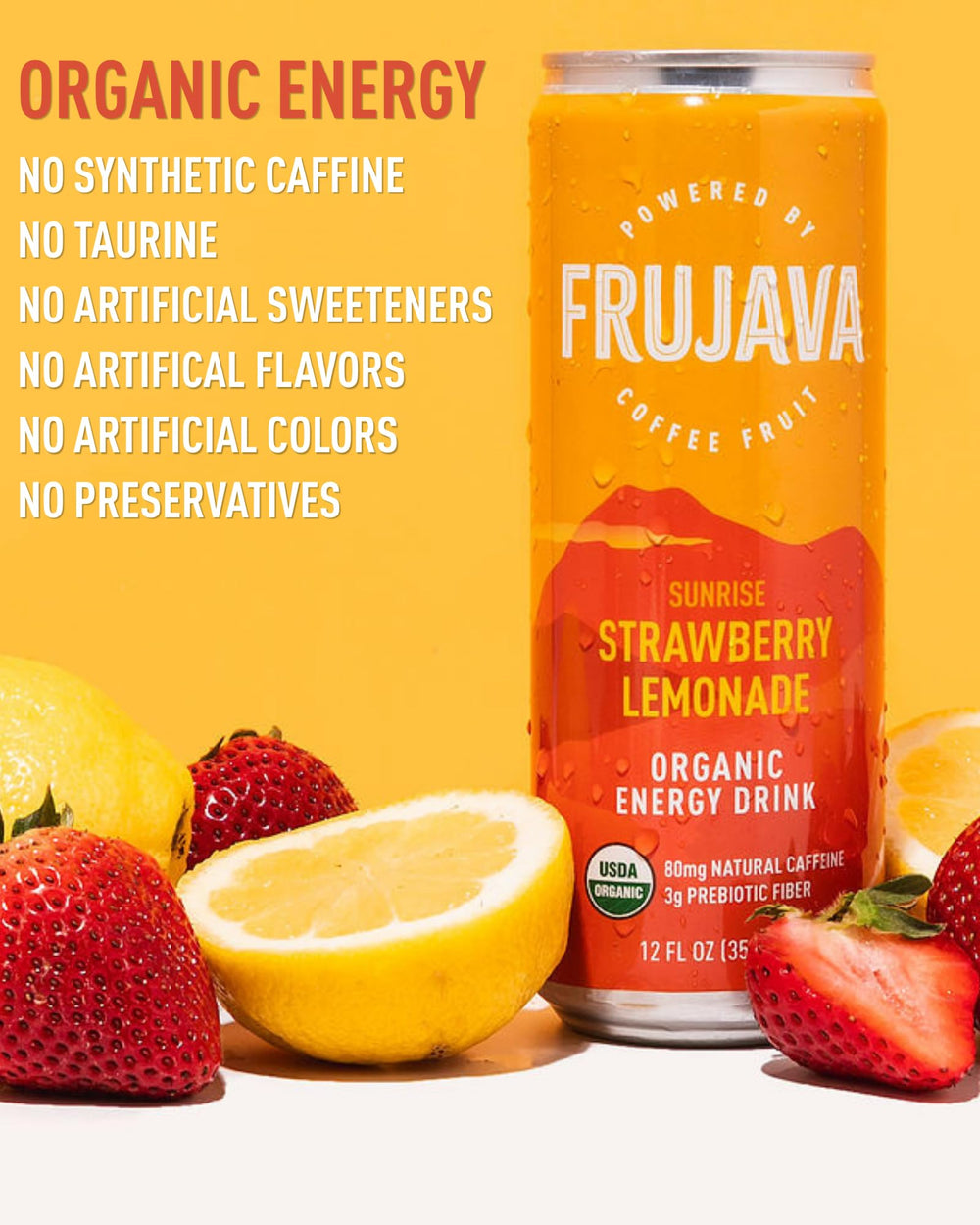 Frujava Sunrise Strawberry Lemonade can detail highlighting label and refreshing fruit notes