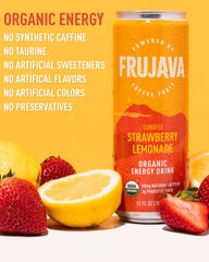 Frujava Sunrise Strawberry Lemonade can detail highlighting label and refreshing fruit notes