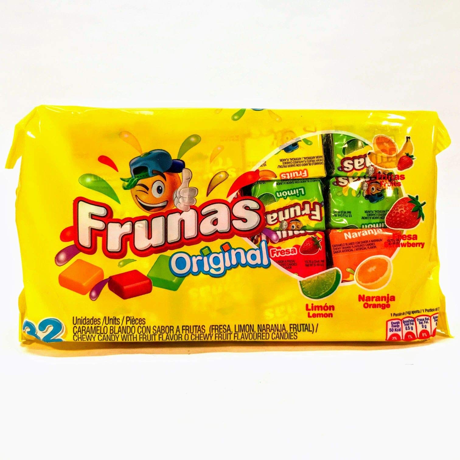 Frunas box front showing 32-count fruit caramel assortment, easy sharing
