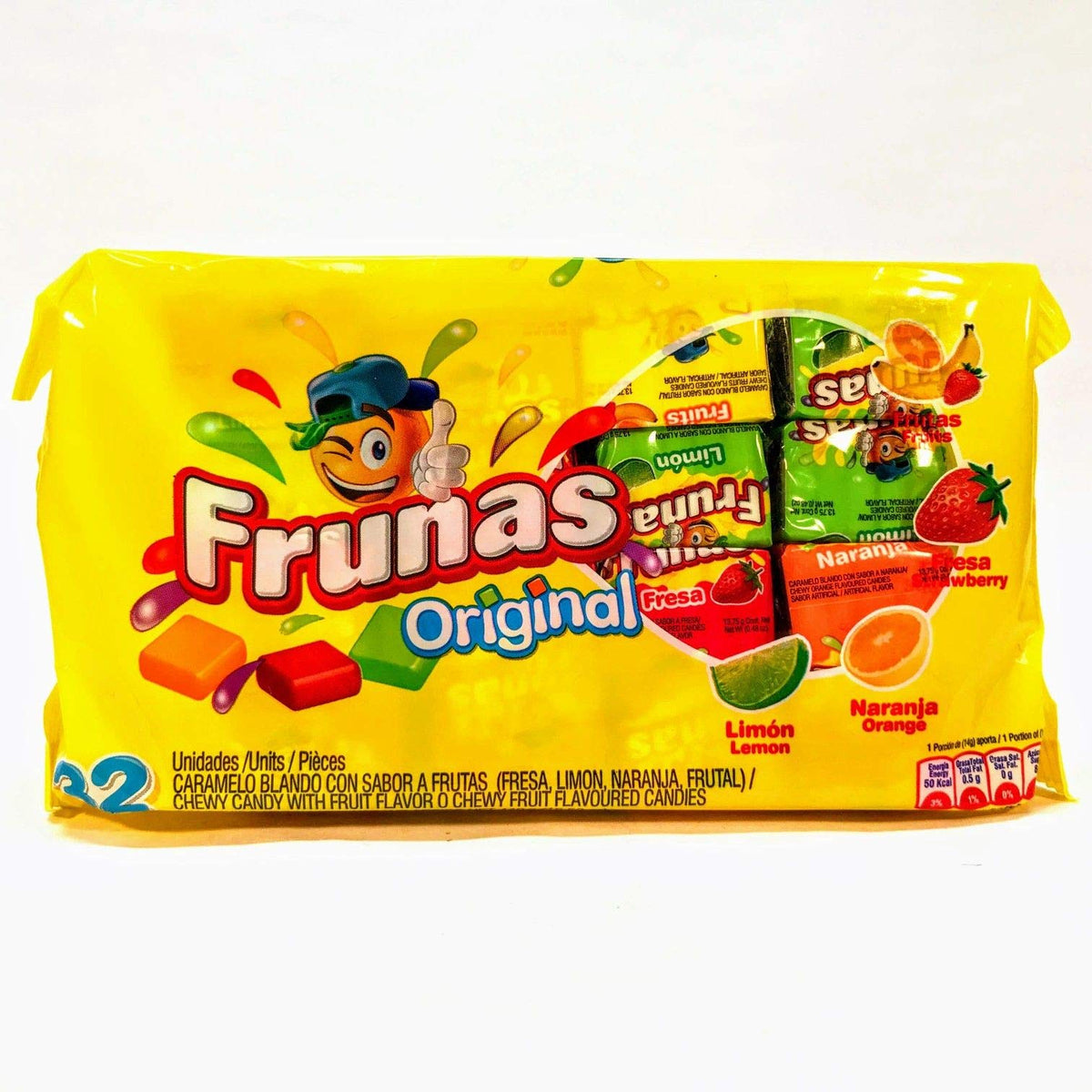 Frunas box front showing 32-count fruit caramel assortment, easy sharing