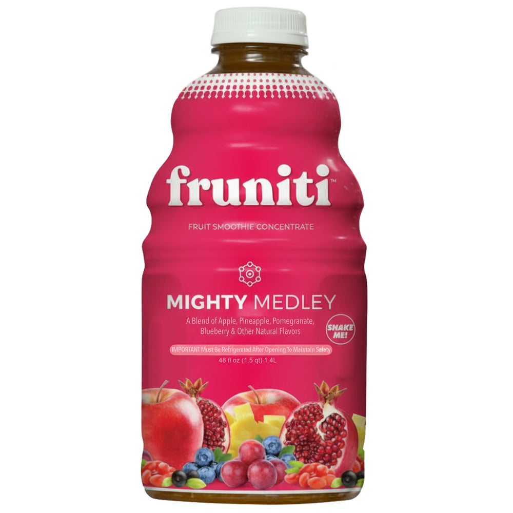 Fruniti bottle front view showing product and serving claim for easy blending
