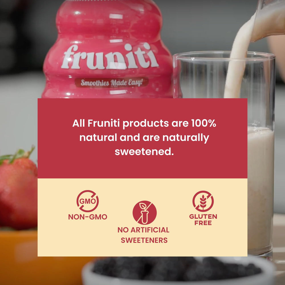 Fruniti bottle beside 12oz glass showing how one bottle makes up to 24 smoothies