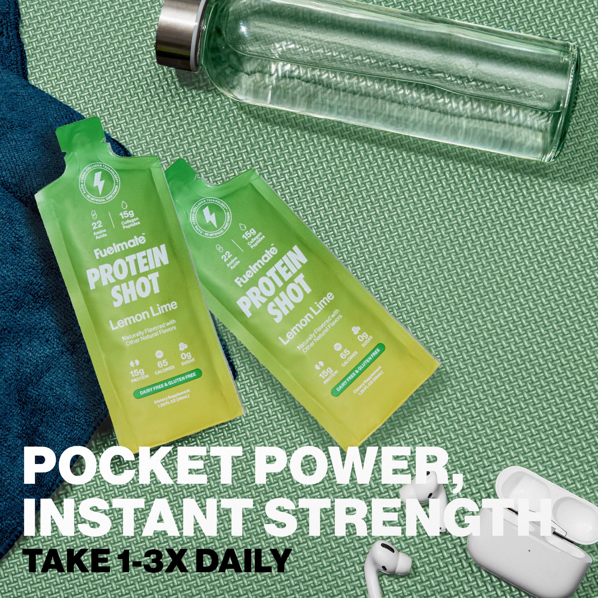 FUELMATE shot held in hand to show compact serving size and portability benefit