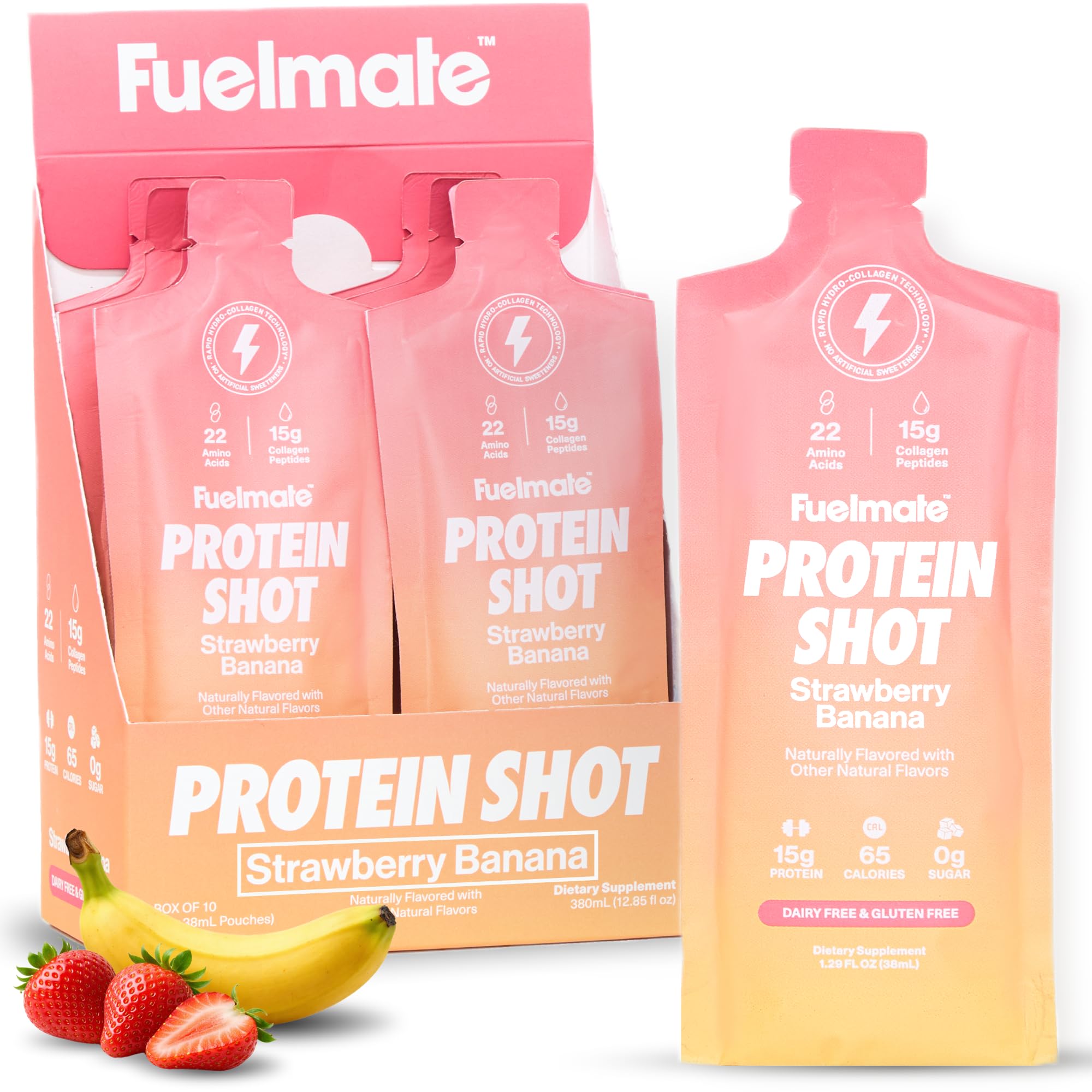 FUELMATE front packaging showing strawberry banana flavor and benefits