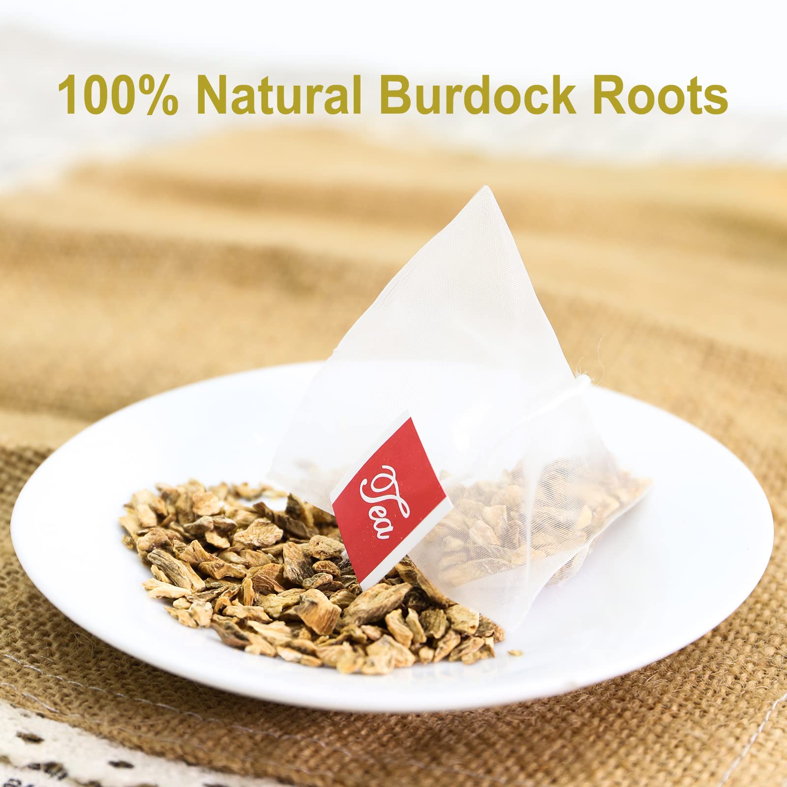 FullChea tea bag close-up showing fine burdock pieces for consistent brewing