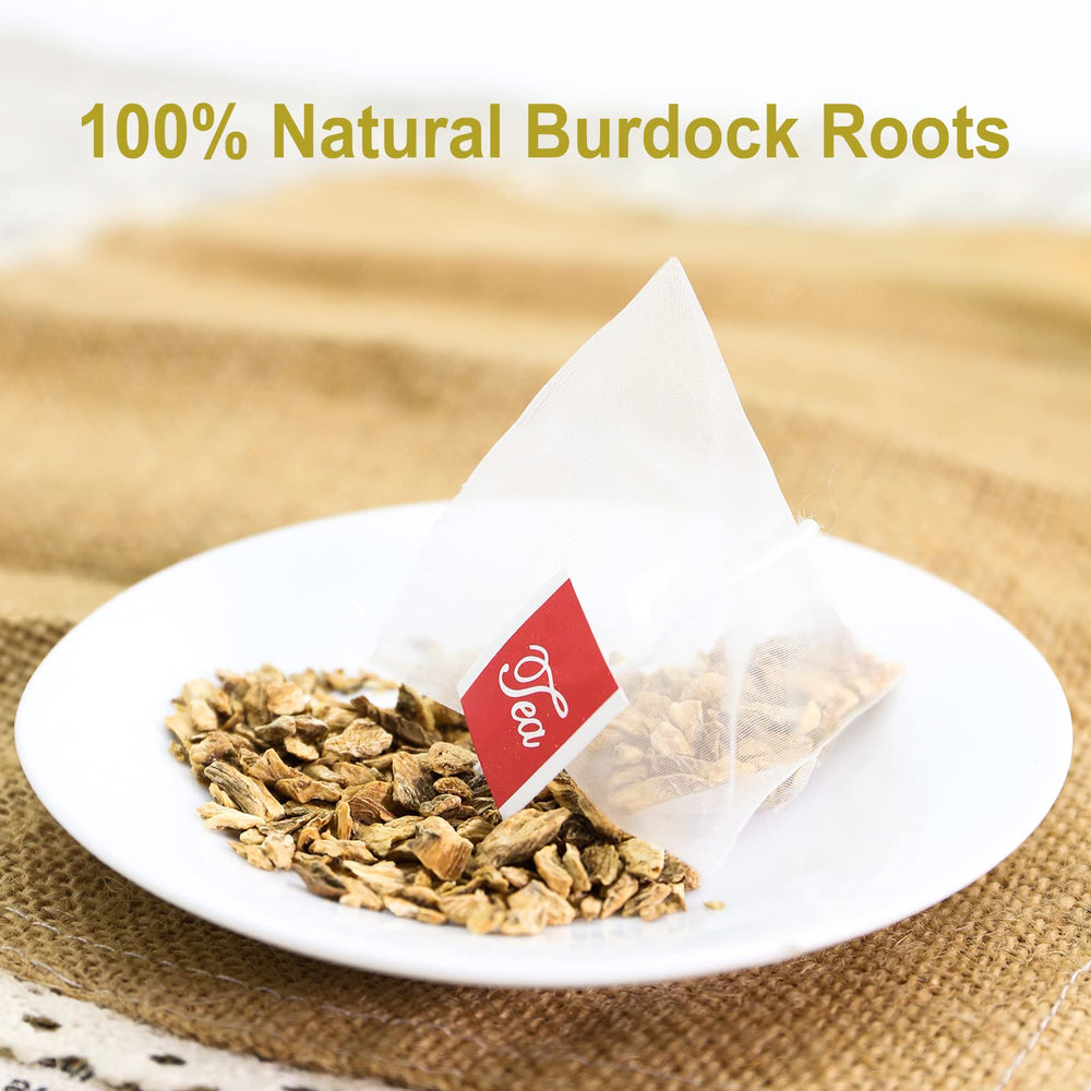 FullChea tea bag close-up showing fine burdock pieces for consistent brewing