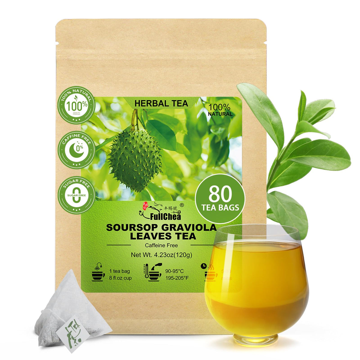 FullChea front packaging showing 80-count soursop tea pouch and branding benefit convenience