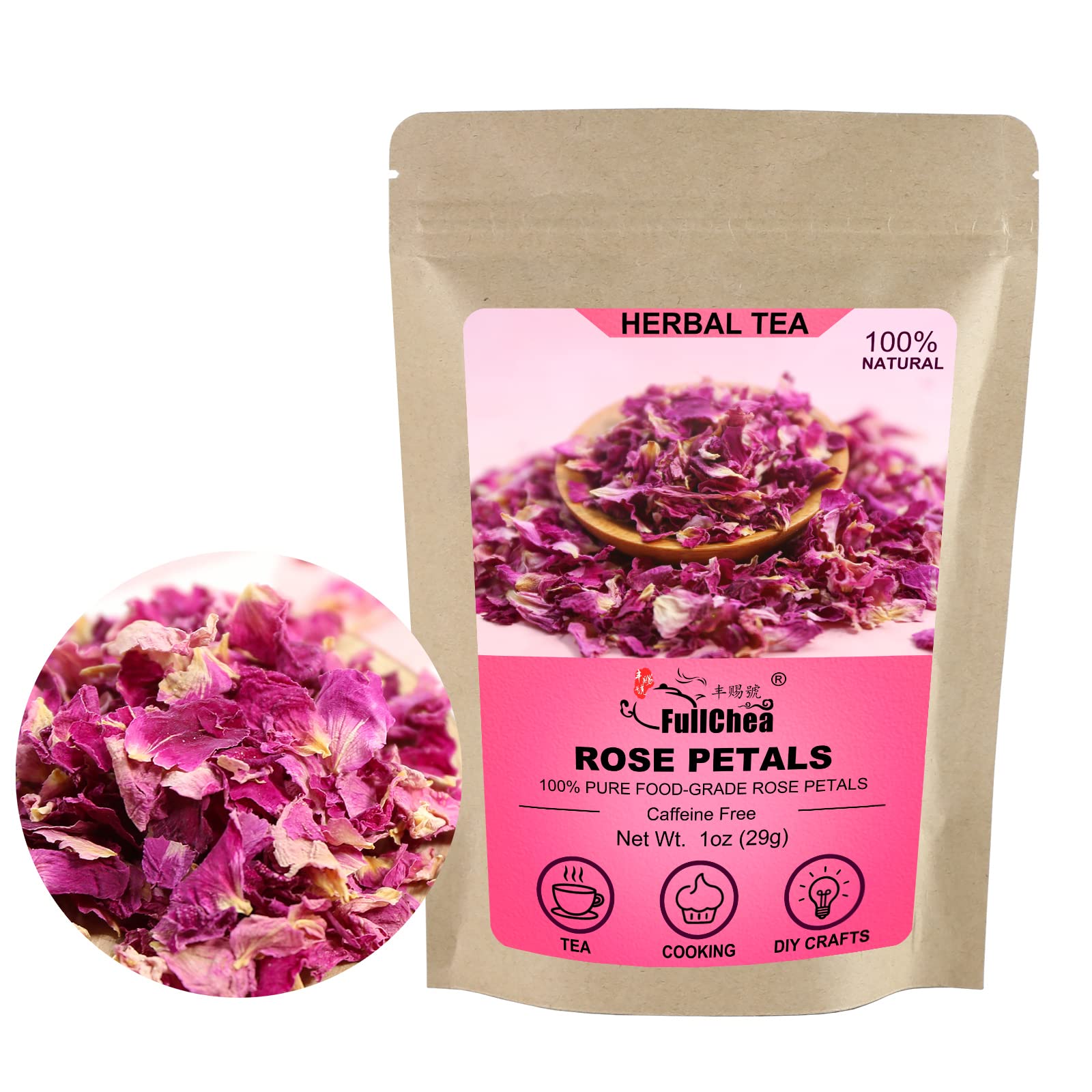 FullChea front packaging showing edible rose petals and clear bag, highlights freshness