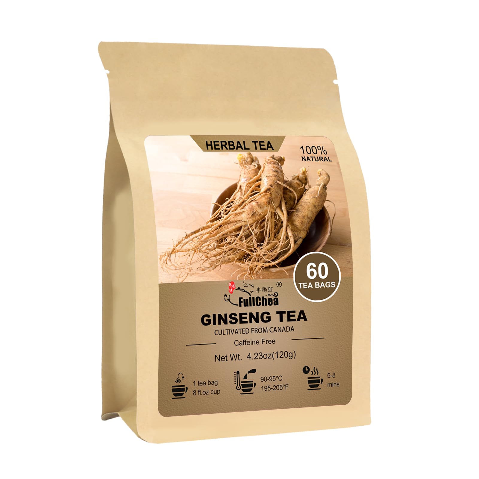 FullChea front packaging showing 60-count ginseng tea bag pack and clear branding benefit freshness