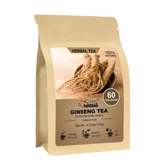 FullChea front packaging showing 60-count ginseng tea bag pack and clear branding benefit freshness