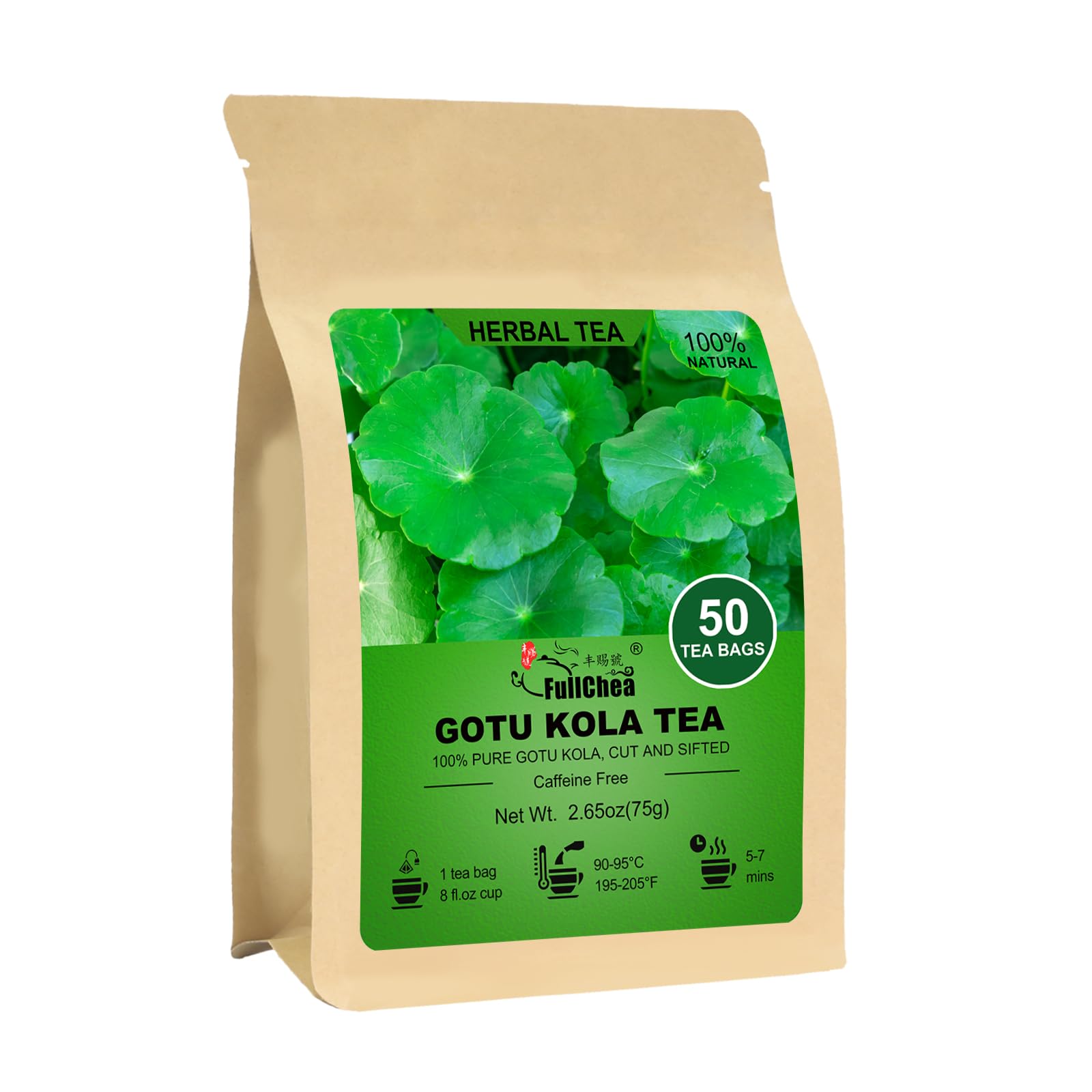 FullChea front packaging showing 50-count gotu kola tea bags and brand clarity
