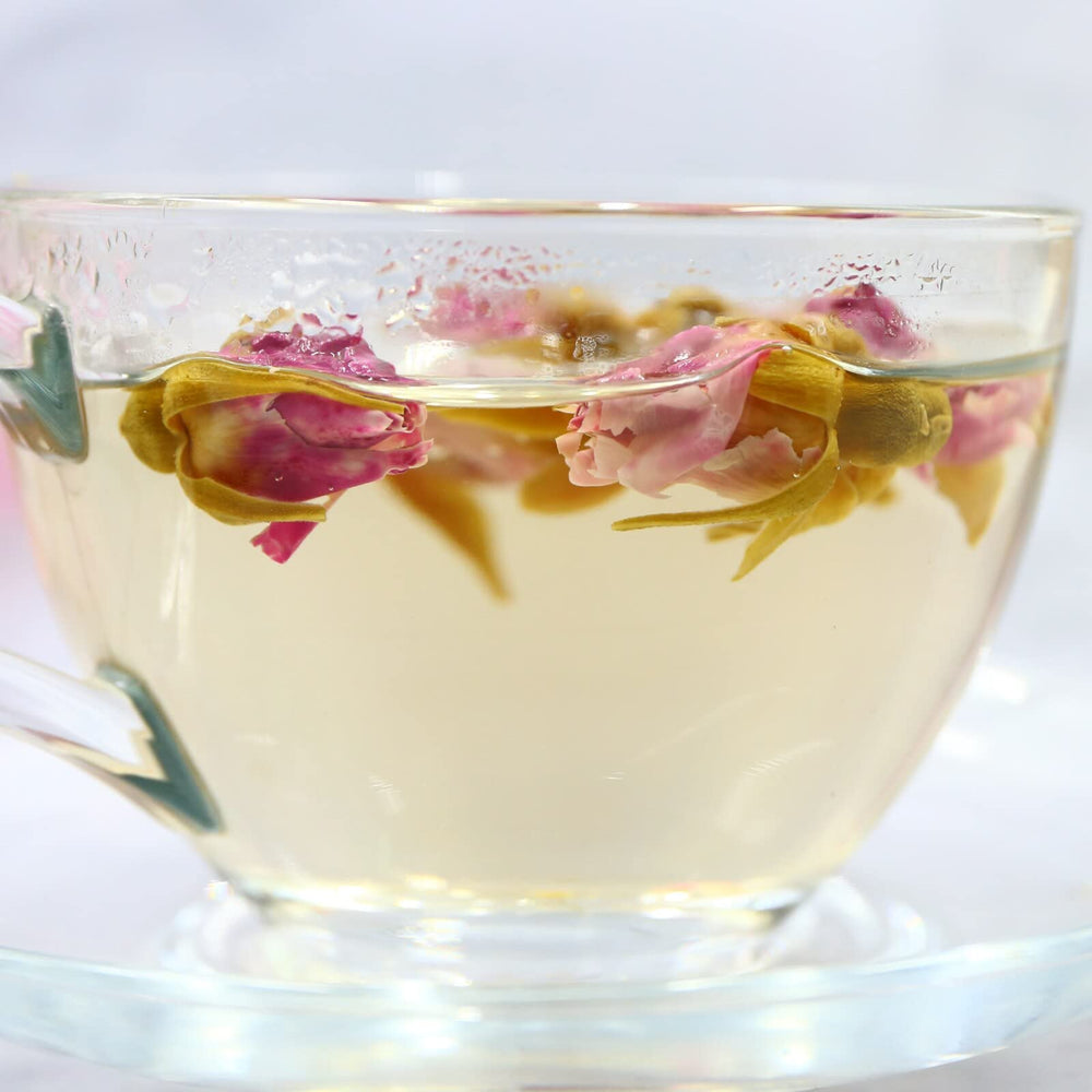 FullChea rose buds in a table setting creating elegant beverage and garnish