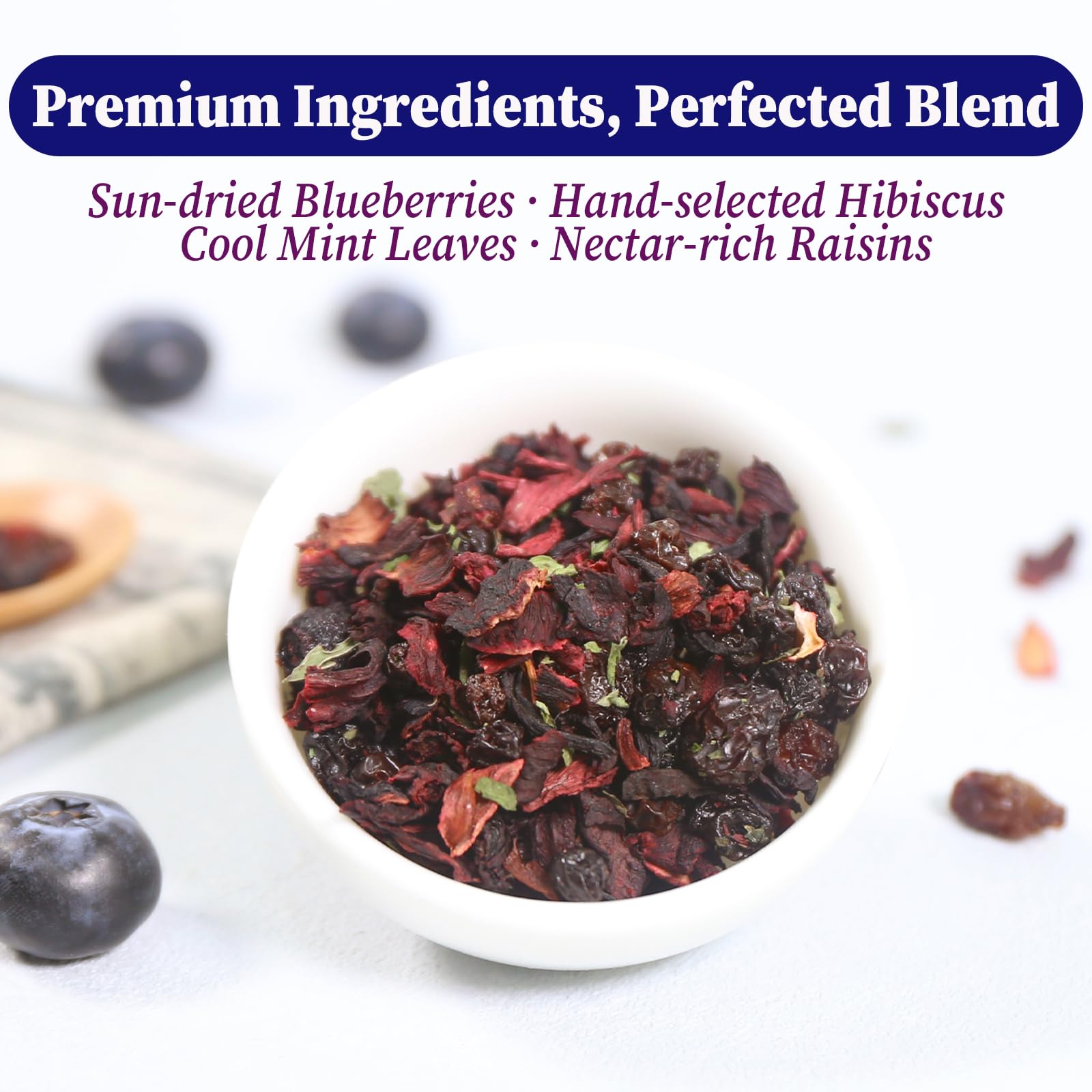FullChea close-up of dried blueberries and hibiscus pieces highlighting natural ingredients