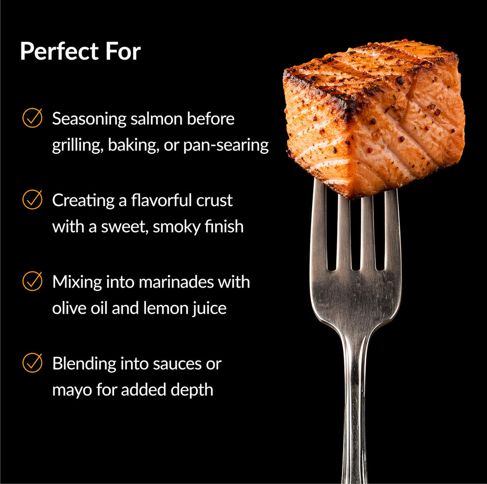 Fulton Fish Market seasoned grilled salmon fillet showing crispy caramelized crust