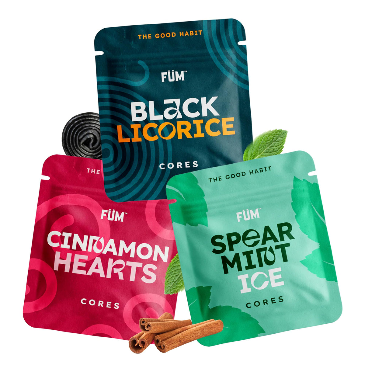 FÜM Retro Sweets front packaging showing three-core pack and flavor names for easy choice