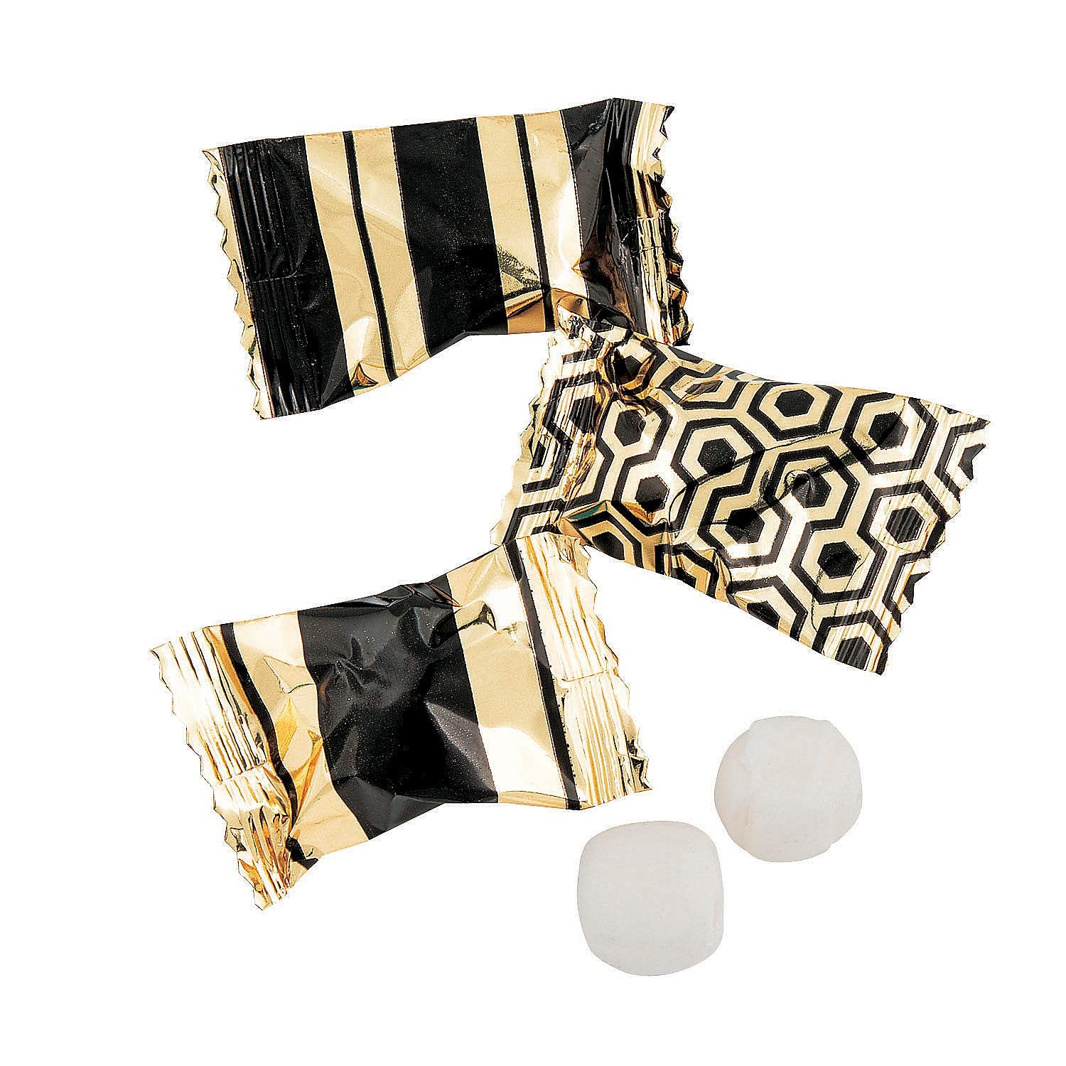 Fun Express close-up of black and gold foil wrapper texture, highlights freshness protection