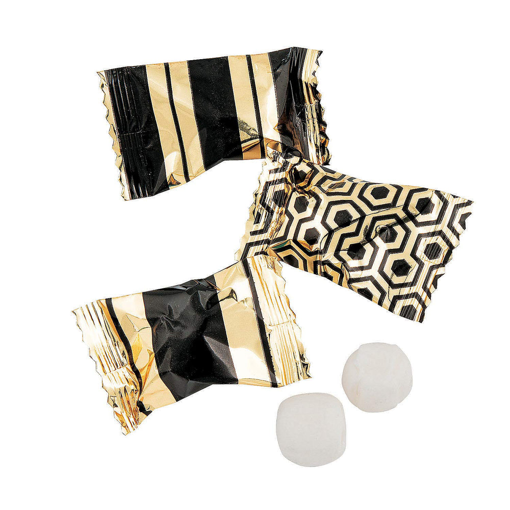 Fun Express close-up of black and gold foil wrapper texture, highlights freshness protection
