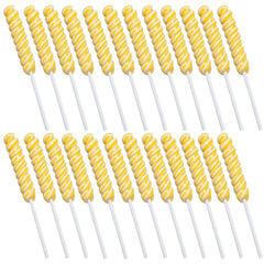 Fun Express front pack showing 24 yellow lemon swirl lollipops for party-ready appeal