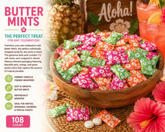 Fun Express mints in a glass bowl on a tropical table adding colorful decorative appeal