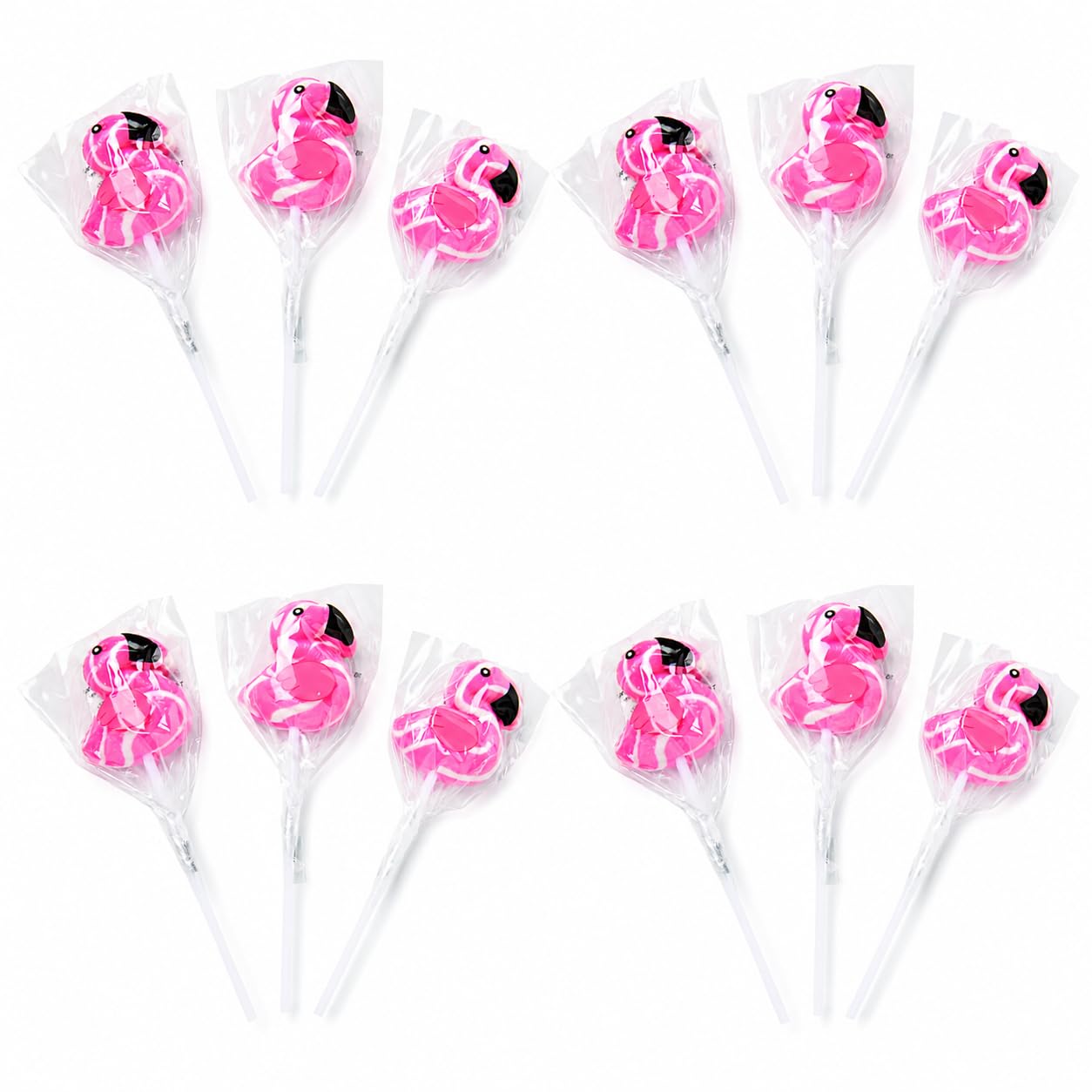 Fun Express front packaging showing 12 wrapped flamingo lollipops, easy party setup