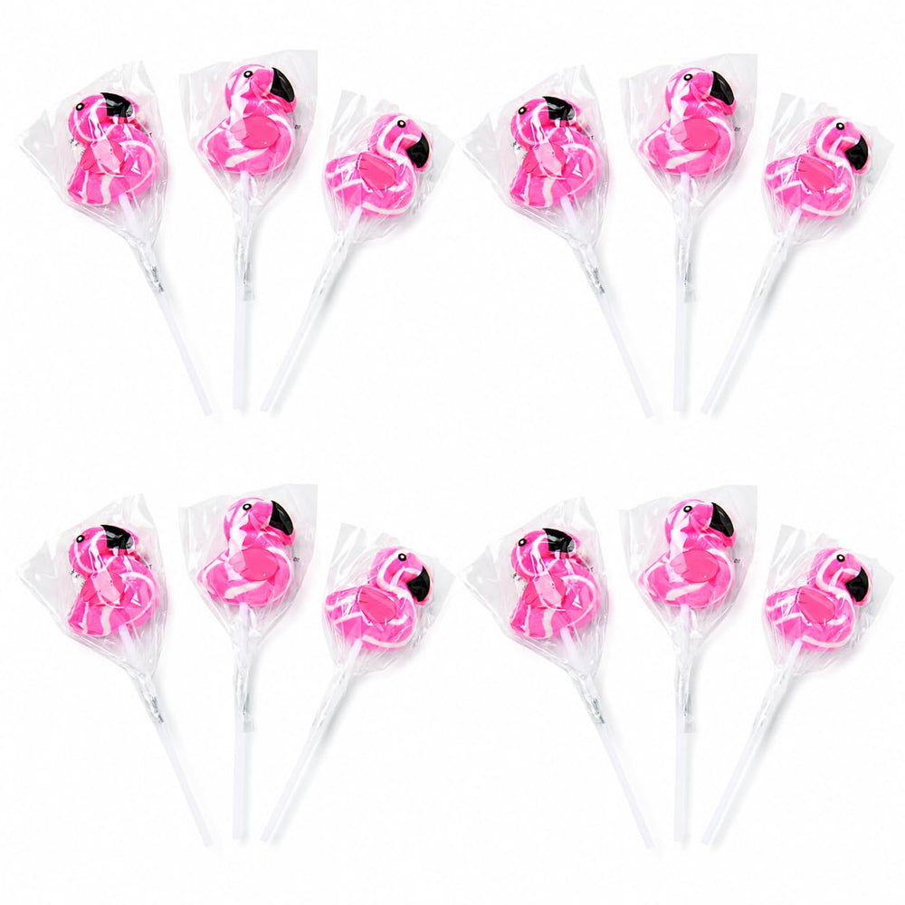 Fun Express front packaging showing 12 wrapped flamingo lollipops, easy party setup