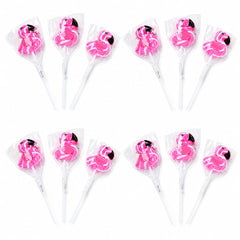 Fun Express front packaging showing 12 wrapped flamingo lollipops, easy party setup