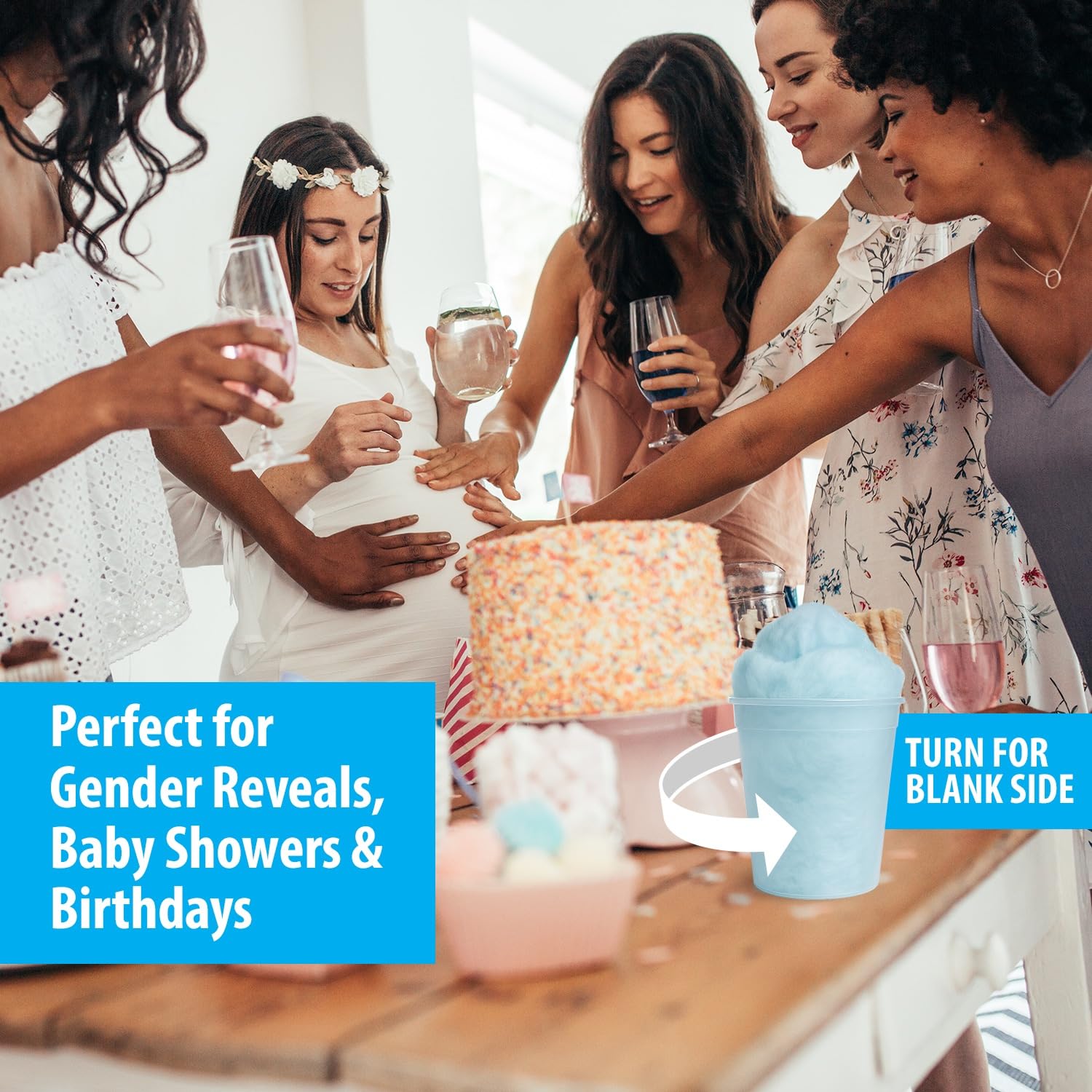 Fun Sweets tubs displayed on a candy buffet adding bright blue contrast