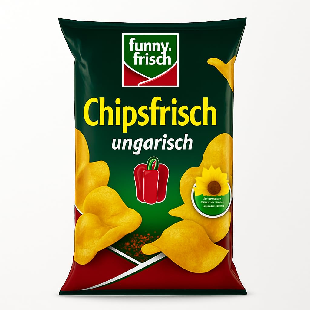 Funny-Frisch front packaging showing the 150g Hungarian paprika chip bag and brand logo, appealing snack visual