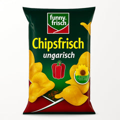Funny-Frisch front packaging showing the 150g Hungarian paprika chip bag and brand logo, appealing snack visual